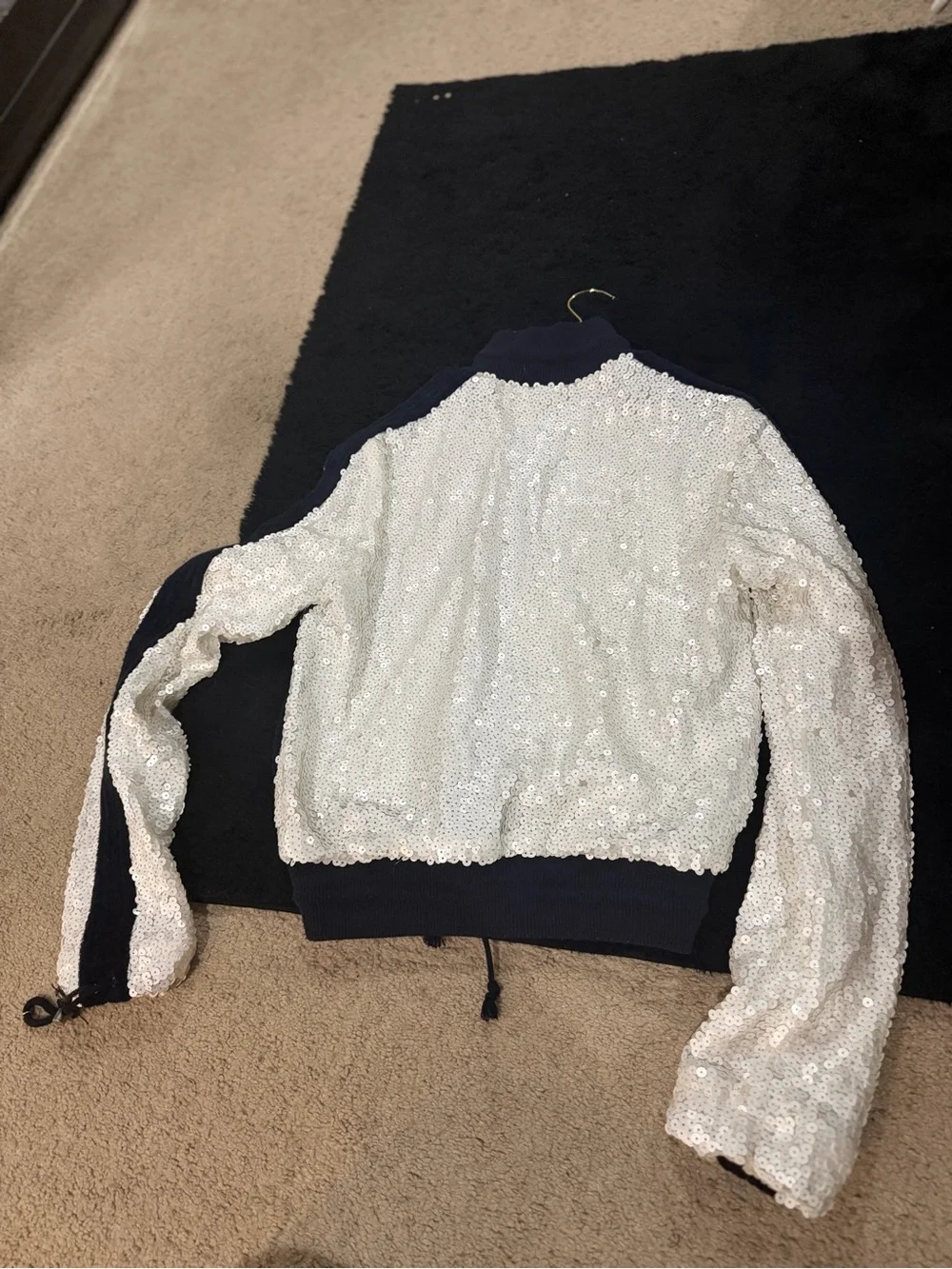CHANEL 08C Sports White Sequin Track Jacket Black Trim Size FR 42 Vintage